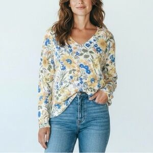 FDJ French Dressing Floral V-Neck Soft Knit Sweater XS Multicolor